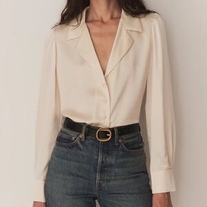 NWT Doen Juliana Silk V Neck Collar Button Down Shirt Top Mother of Pearl Cream